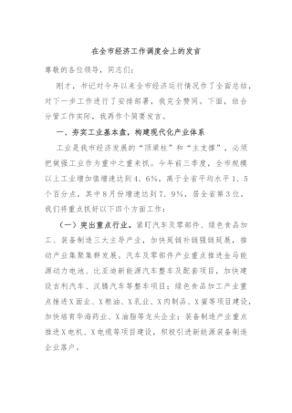 在全市经济工作调度会上的发言