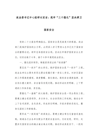 政法委书记中心组研讨发言：筑牢“三个强化”坚决捍卫国家安全