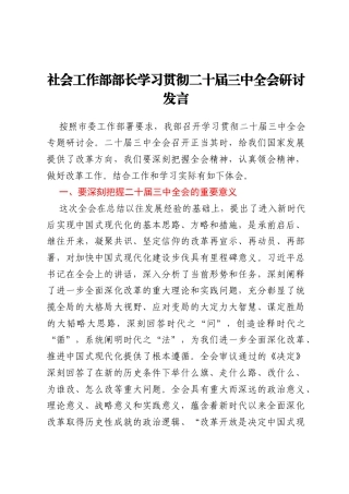 社会工作部部长学习贯彻二十届三中全会研讨发言