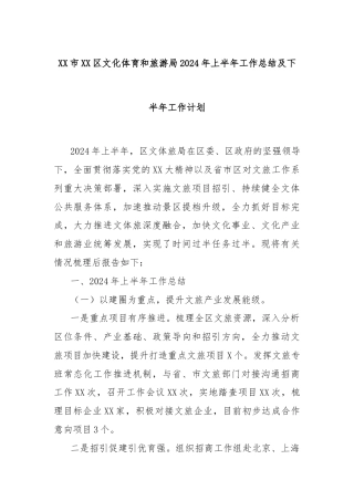 XX市XX区文化体育和旅游局2024年上半年工作总结及下半年工作计划