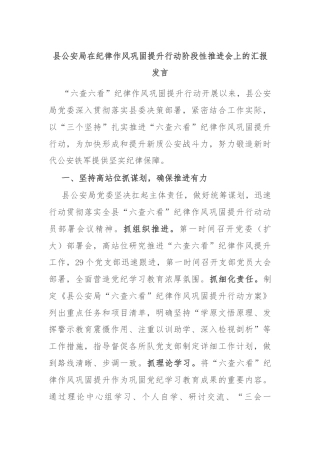 县公安局在纪律作风巩固提升行动阶段性推进会上的汇报发言