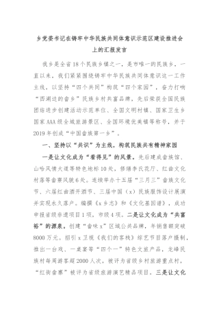 乡党委书记在铸牢中华民族共同体意识示范区建设推进会上的汇报发言