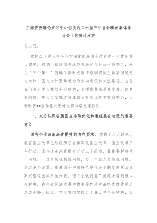 在国资委理论学习中心组党的二十届三中全会精神集体学习会上的研讨发言