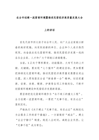 在全市创建一流营商环境暨推进民营经济高质量发展大会上的讲话