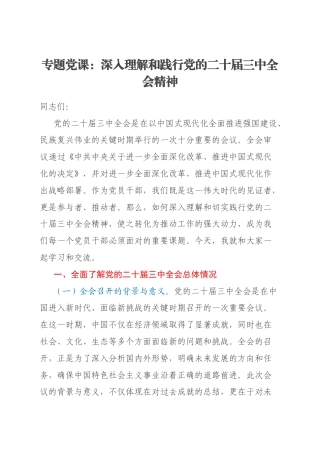 专题党课：深入理解和践行党的二十届三中全会精神