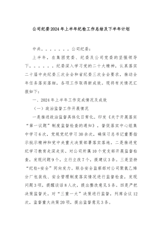 公司纪委2024年上半年纪检工作总结及下半年计划