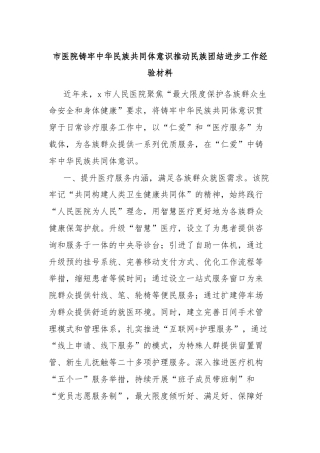 市医院铸牢中华民族共同体意识推动民族团结进步工作经验材料