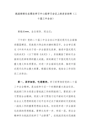 统战部部长在理论学习中心组学习会议上的发言材料（二十届三中全会）