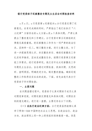 银行党委班子巡察整改专题民主生活会对照检查材料