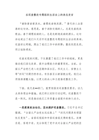 在巡查整改专题组织生活会上的表态发言