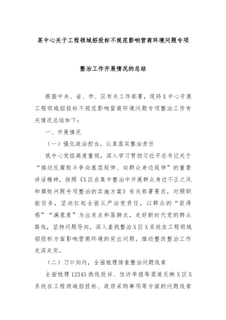 某中心关于工程领域招投标不规范影响营商环境问题专项整治工作开展情况的总结