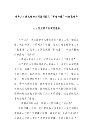 青年人才党支部为乡村振兴注入“青春力量”—xx县青年人才党支部工作情况报告