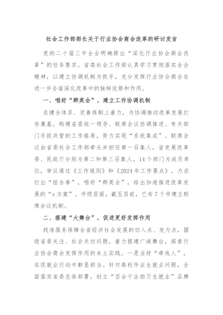 社会工作部部长关于行业协会商会改革的研讨发言