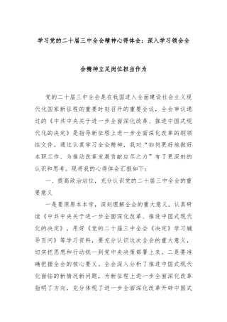 学习党的二十届三中全会精神心得体会：深入学习领会全会精神立足岗位担当作为