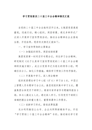 学习贯彻落实二十届三中全会精神情况汇报