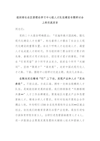 组织部长在区委理论学习中心组人才队伍建设专题研讨会上的交流发言