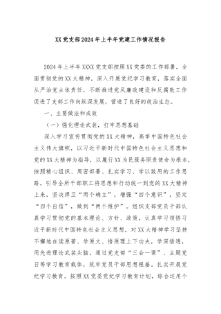XX党支部2024年上半年党建工作情况报告
