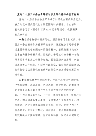 党的二十届三中全会专题研讨班上的心得体会发言材料