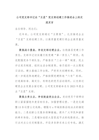 公司党支部书记在“五星”党支部创建工作推进会上的交流发言