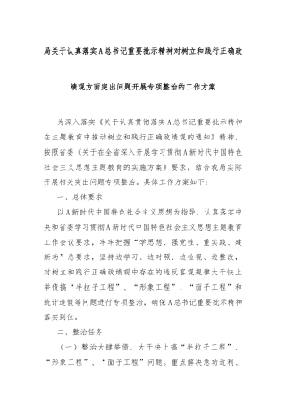 局关于认真落实A总书记重要批示精神对树立和践行正确政绩观方面突出问题开展专项整治的工作方案