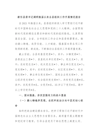 新任县委书记调研换届以来全县组织工作开展情况报告