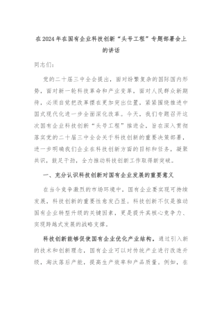 在2024年在国有企业科技创新“头号工程”专题部署会上的讲话