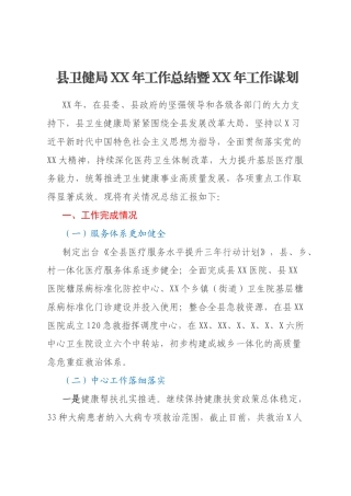 县卫健局XX年工作总结暨XX年工作谋划