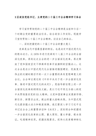 X区政协党组书记、主席党的二十届三中全会精神学习体会