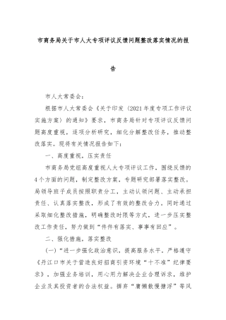 市商务局关于市人大专项评议反馈问题整改落实情况的报告