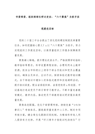 市委常委、组织部部长研讨发言：“六个聚焦”为抓手实现提优目标