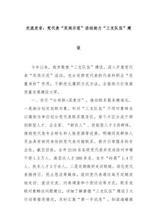 交流发言：党代表“双岗示范”活动助力“三支队伍”建设
