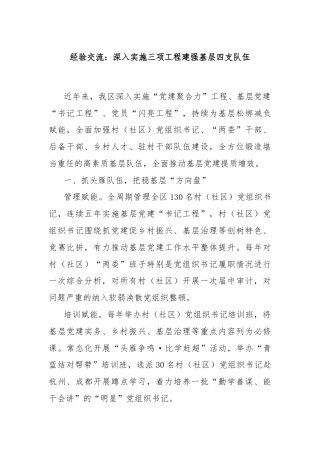 经验交流：深入实施三项工程建强基层四支队伍
