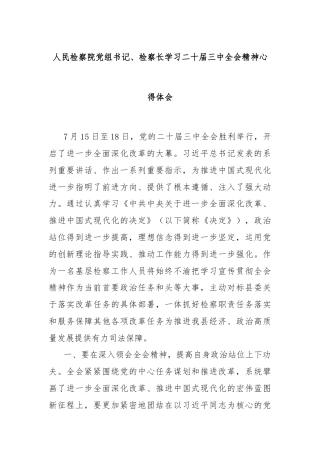 人民检察院党组书记、检察长学习二十届三中全会精神心得体会