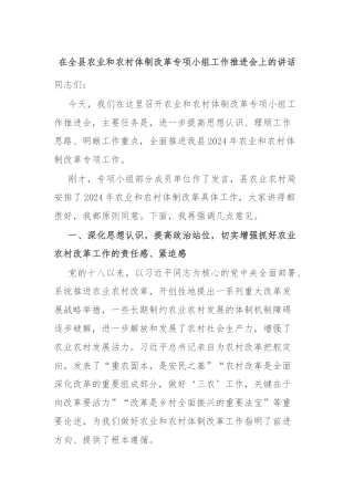 在全县农业和农村体制改革专项小组工作推进会上的讲话