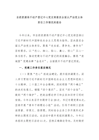 自然资源局不动产登记中心党支部落实全面从严治党主体责任工作情况的报告