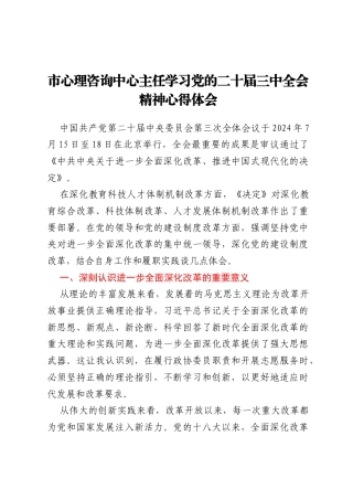 市心理咨询中心主任学习党的二十届三中全会精神心得体会