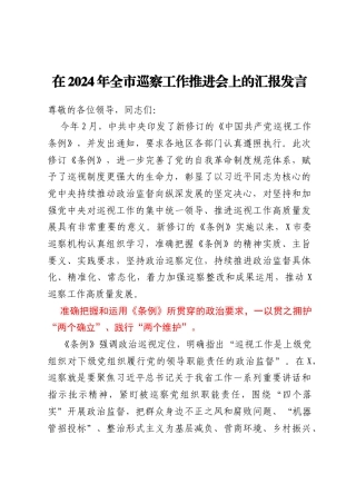 在 2024 年全市巡察工作推进会上的汇报发言