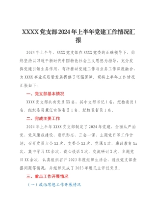 XXXX党支部2024年上半年党建工作情况汇报