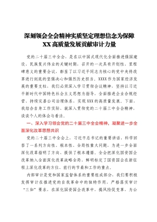 深刻领会全会精神实质 坚定理想信念 为保障XX高质量发展贡献审计力量
