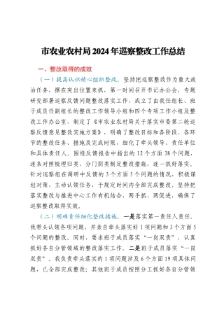 市农业农村局2024年巡察整改工作总结
