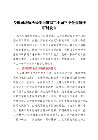 乡镇司法所所长学习贯彻二十届三中全会精神研讨发言