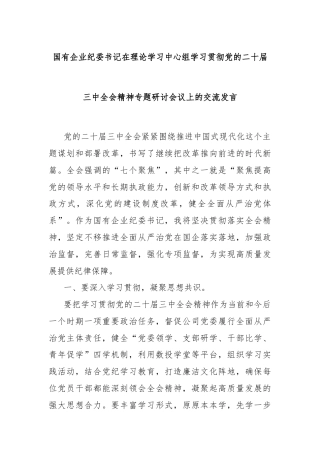 国有企业纪委书记在理论学习中心组学习贯彻党的二十届三中全会精神专题研讨会议上的交流发言