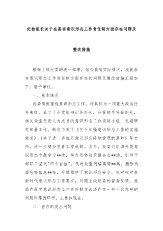 纪检组长关于在落实意识形态工作责任制方面存在问题及整改措施