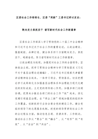 区委社会工作部部长、区委“两新”工委书记研讨发言：靶向发力真抓实干 谱写新时代社会工作新篇章