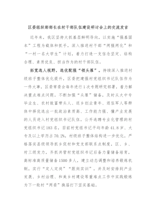区委组织部部长在村干部队伍建设研讨会上的交流发言