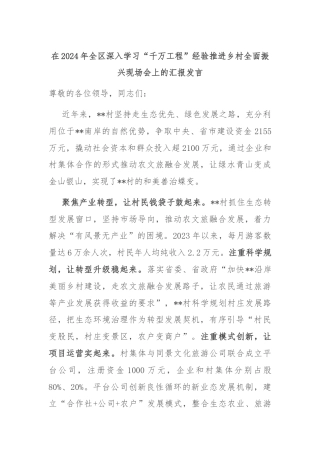 在2024年全区深入学习“千万工程”经验推进乡村全面振兴现场会上的汇报发言