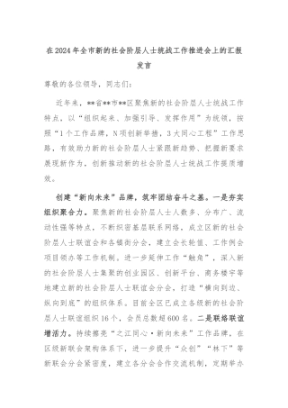 在2024年全市新的社会阶层人士统战工作推进会上的汇报发言