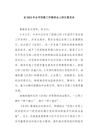 在2024年全市巡察工作推进会上的汇报发言