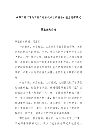 在第三届“青马工程”结业仪式上的讲话：彼方尚有荣光勇敢奔赴山海