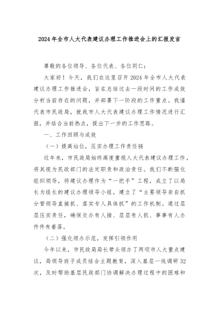 2024年全市人大代表建议办理工作推进会上的汇报发言
